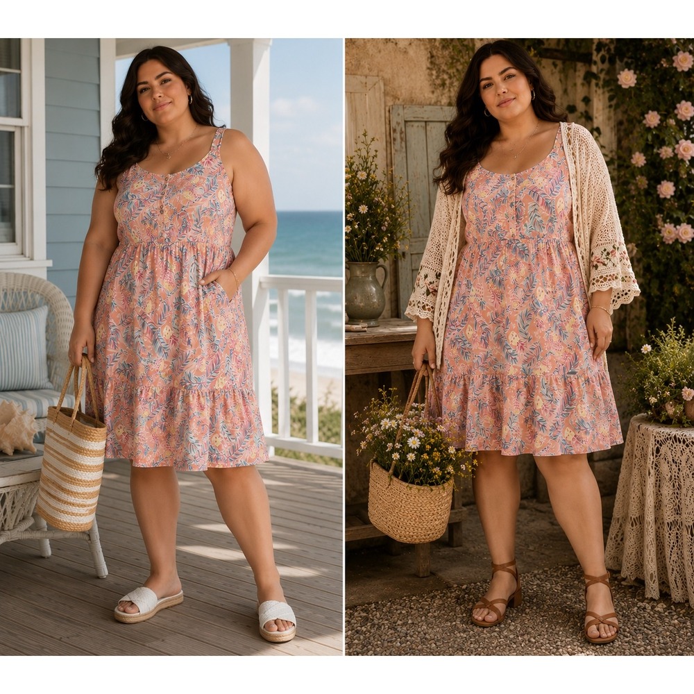 Simply Southern Pineapple Tropical Tiered Midi Dress L Coral Pink Coastal Boho‎